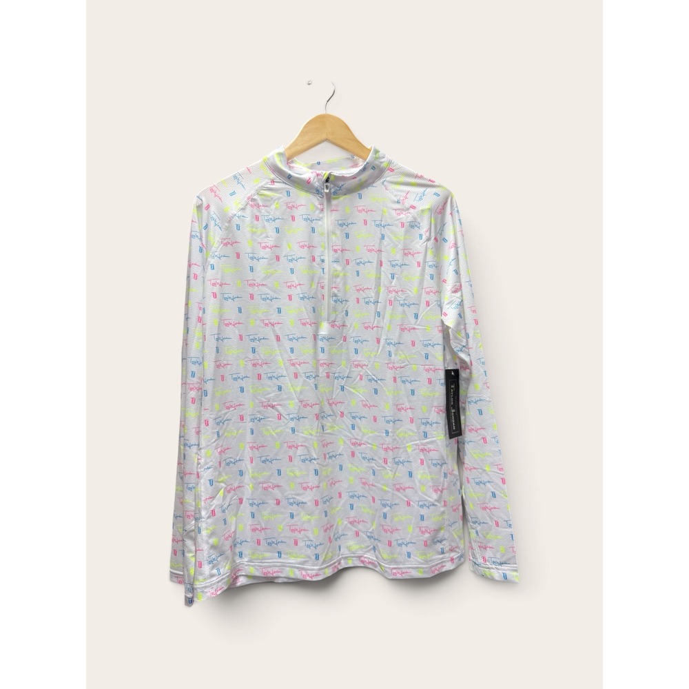 Taylor Jordan Women XL White Multi Color Logo Print Quarter Zip Pullover NWT